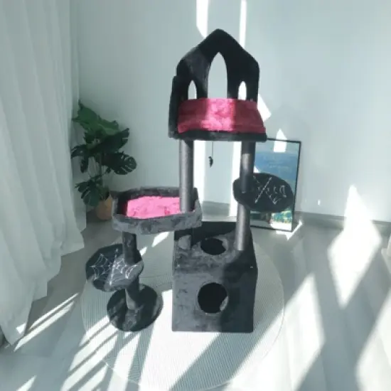 SEVOBAL Pet Tower Gothic Style Halloween Themed with Coffin Bed, Spooky House, Scratching Posts for Cats Play, Rest, Black, 17.32"*10.63"*14.57" image {1}