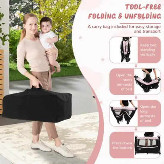 Infans 4 in 1 Portable Pack & Play Foldable Baby Bassinet w/Mattress Carrying Bag image {6}
