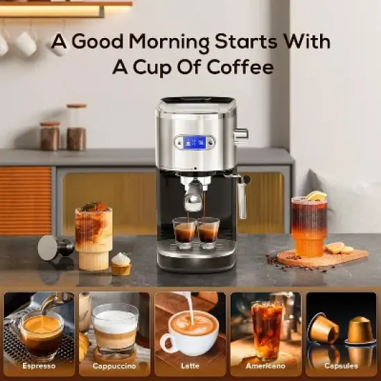 ZAFRO Espresso Machine 20 Bar, Semi-Automatic Professional Coffee Machine for Cappuccino & Latte with Milk Frother Steam Wand,LCD Display,Black image {4}