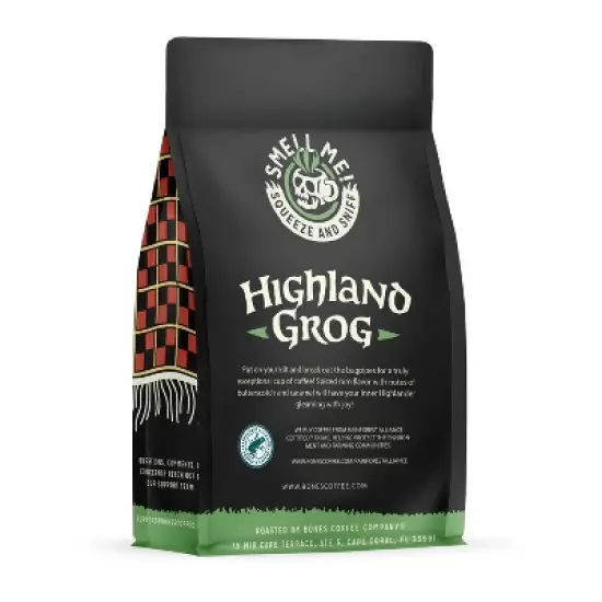 Bones Coffee Company Highland Grog Ground Coffee Beans Butterscotch Caramel & Rum Flavor 12 oz Medium Roast (Ground) image {1}