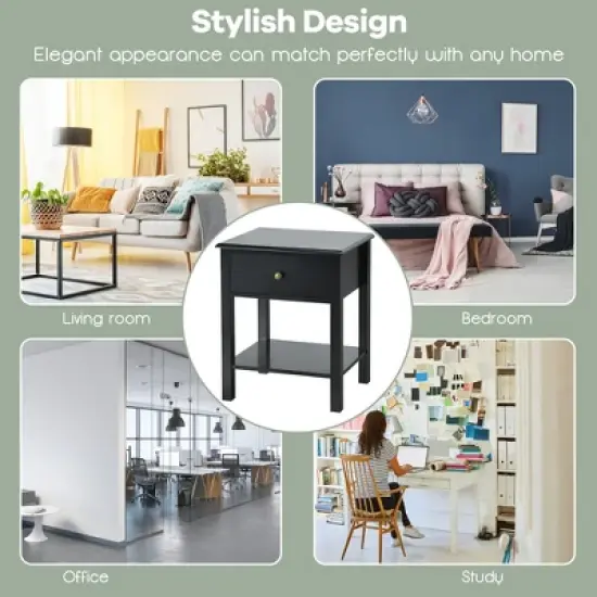Costway 2PCS Nightstand  Drawer Shelf Storage Display Black image {5}