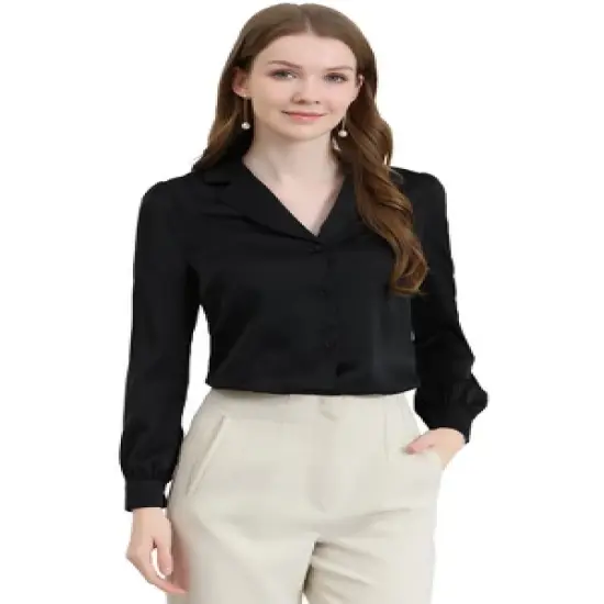 Allegra K Women's Elegant Collar V Neck Long Sleeve Work Office Satin Button Down Shirt image {14}