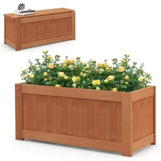 Tangkula Hardwood Outdoor Planter Box w/ Seat 2-in-1 Wooden Raised Garden Bed & Bench image {7}