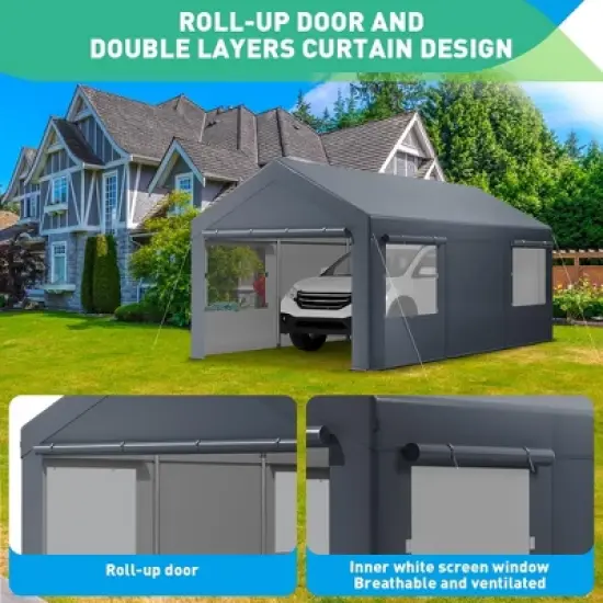 10x20FT Heavy Duty Carport, Portable Garage with Sidewalls, Doors and Ventilated Windows, UV Resistant and Waterproof, Carport Canopy, Gray image {6}