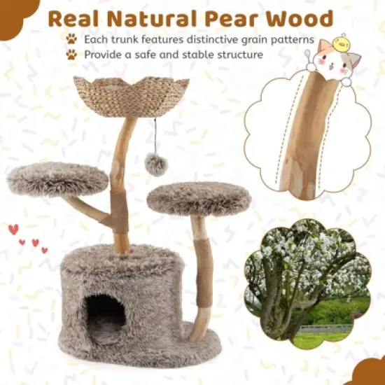 Costway Solid Wood Cat Tree with Well-woven Cattail Basket Luxury Condo Scratching Posts image {8}