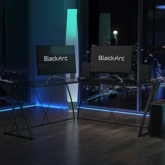 BlackArc Gaming Desk with Clear Glass Top and Black Powder Coated Metal Frame - L-Shaped 79" Diagonal Width - 8mm Tempered Glass image {1}