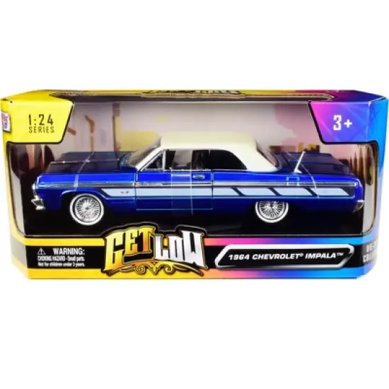 1964 Chevrolet Impala Lowrider Hard Top Candy Blue Metallic with Cream Top "Get Low" Series 1/24 Diecast Model Car by Motormax image {2}