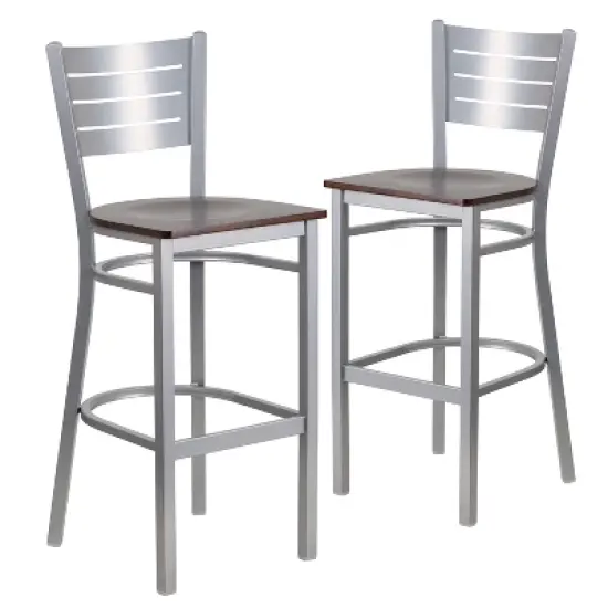 Emma and Oliver 2 Pack Silver Slat Back Metal Restaurant Barstool image {1}