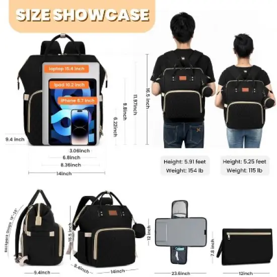 Itopfox Large Waterproof Diaper Backpack with Changing Pad, Pacifier Case, 16 Pockets, Insulated Bottle Holders, Stroller Straps, Black image {6}
