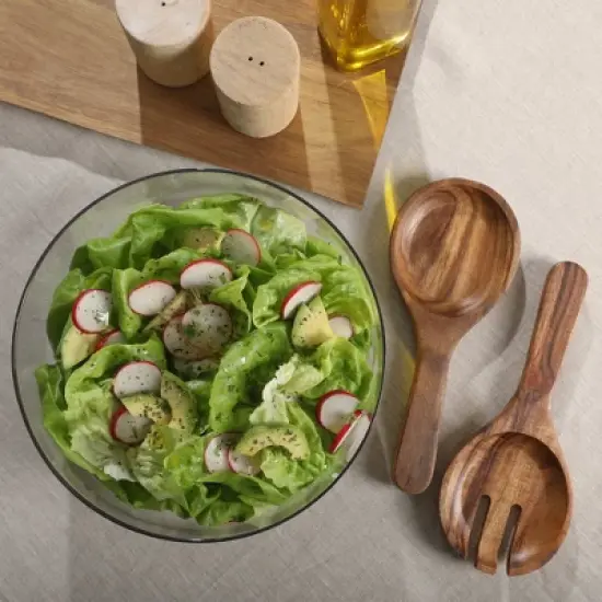 Gibson Elite Wildgreens Large Glass Salad Bowl Set with Acacia Serving Utensils image {5}