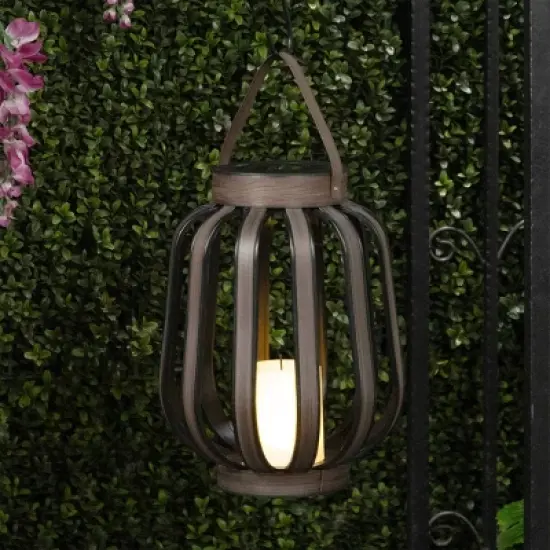 Alpine Corporation 12" Solar Brown Cylindrical Plastic LED Indoor Outdoor Decorative Lantern Off-White image {4}