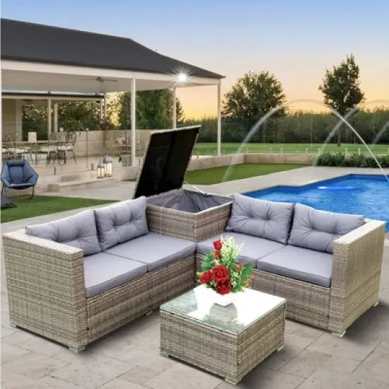 4pc Wicker Patio Conversation Seating Set with Thick Cushions - Gray - GODEER image {1}
