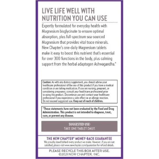 New Chapter Magnesium + Ashwagandha Vegan for Muscle & Relaxation Support, Non-GMO Supplement - 30 ct image {5}