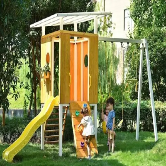 Avenlur Outdoor Swing Set: Clubhouse, slide, rock climbing wall, 2 swings, and more! Perfect for toddlers and kids ages 3-11 image {5}