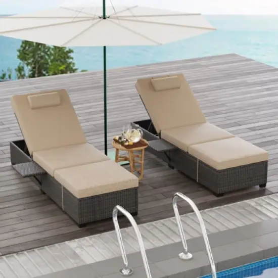 Wicker Chaise  Outdoor，Reclining Adjustable Pool Rattan Chaise Chair，Patio Rattan Wicker Chaise Lounge Chair Set of 2,  for Pool Deck image {8}