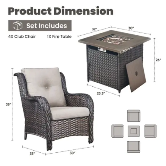 POCASSY 5-Piece Patio Furniture Set with Fire Pit Table, Outdoor Seating Set with 50000 BTU Fire Pit, All-Weather Wicker Patio Bent Armchair image {9}