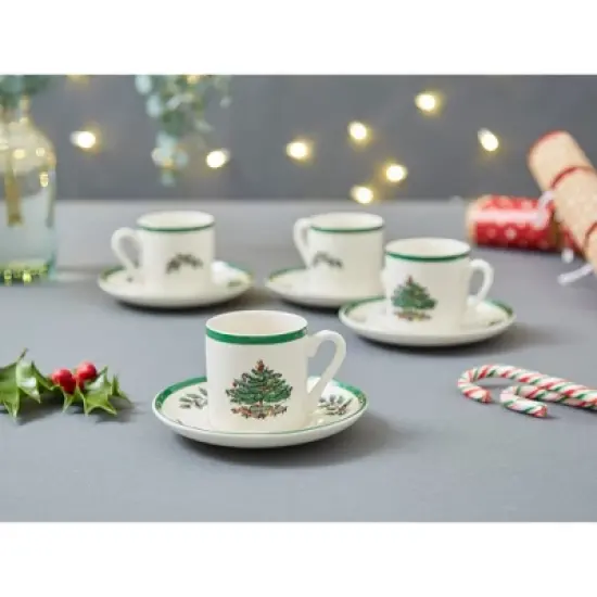 Spode Christmas Tree Espresso Cup & Saucer Set (Set of 4) - Festive 3 Ounce Coffee Mugs with Saucers, Fine Earthenware - Dishwasher & Microwave Safe image {7}
