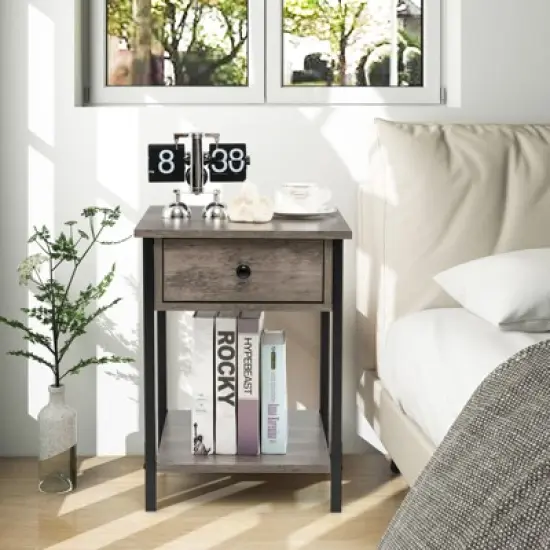 Tangkula Industrial End Side Table Nightstand with Drawer Shelf Rustic Grey Oak image {2}