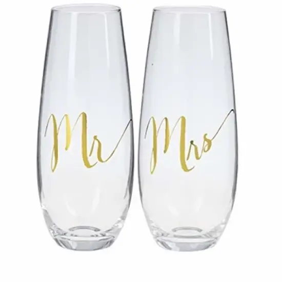 Ganz Mr. and Mrs. Stemless Champagne Flute Set, 2 Piece, Gold Foil Wedding Glasses, Gift Boxed image {1}