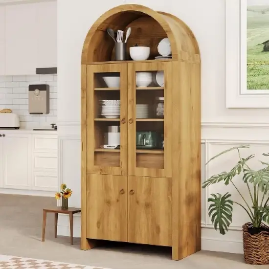 71in Tall Arched Pantry Cabinet, Farmhouse Kitchen Arched Bookcase Cupboard Storage Cabinets with a Hidden Drawer Adjustable Shelves, Natrual Oak image {7}