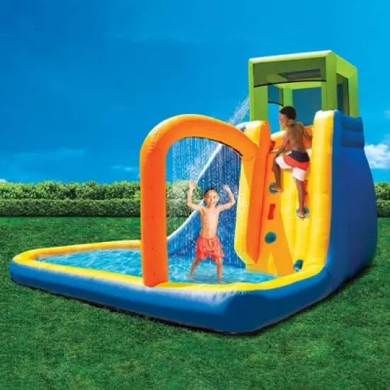 Banzai Splash Falls Water Park Outdoor Backyard Inflatable Slide, Waterfall Sprinkling Arch, Climbing Wall, & Splash Pool w/ Blower & Storage Bag image {1}