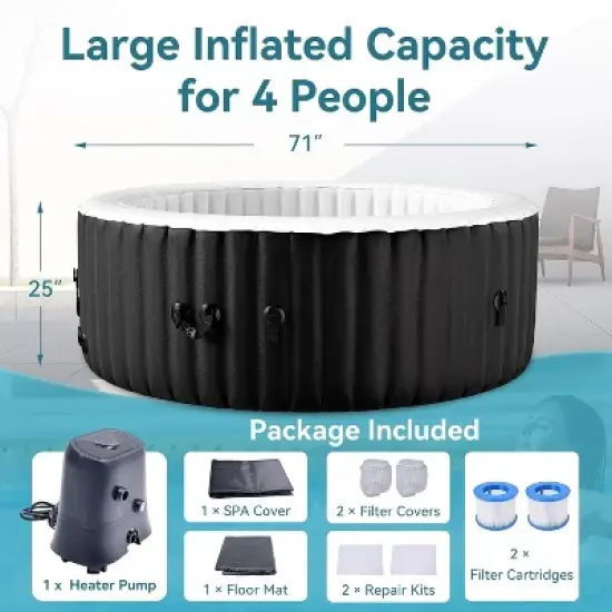 DoCred Inflatable Hot Tub with Air Jets, Heater Pump & Insulated Cover &ndash; Available in 2&ndash;4 or 4&ndash;6 Person Sizes, Round or Square Design image {7}