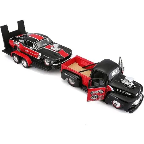 1948 Ford F-1 Pickup #48 & 1967 Ford Mustang GT & Flatbed Trailer "Pony Up" Red & Black Set of 3 pcs 1/24 Diecast Models Maisto image {1}