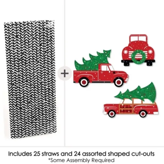 Big Dot of Happiness Merry Little Christmas Tree - Paper Straw Decor - Red Truck and Car Christmas Party Striped Decorative Straws - Set of 24 image {1}