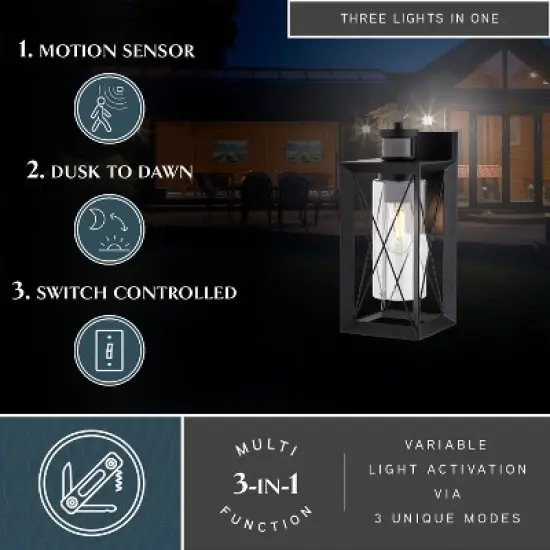 VAXCEL Milton Matte Black Motion Sensor Dusk to Dawn Outdoor Wall Light Transitional Clear Glass image {1}