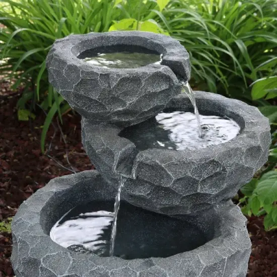 Sunnydaze Outdoor 3-Tier Chiseled Basin Solar Powered Water Fountain with Battery Backup and Submersible Pump - 22" image {6}