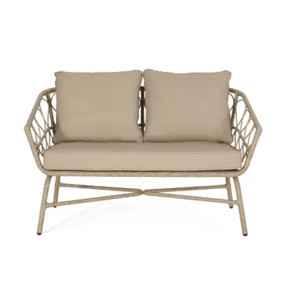 GDFStudio Colmar Outdoor Wicker Loveseat with Cushions, Light Brown/Beige image {8}