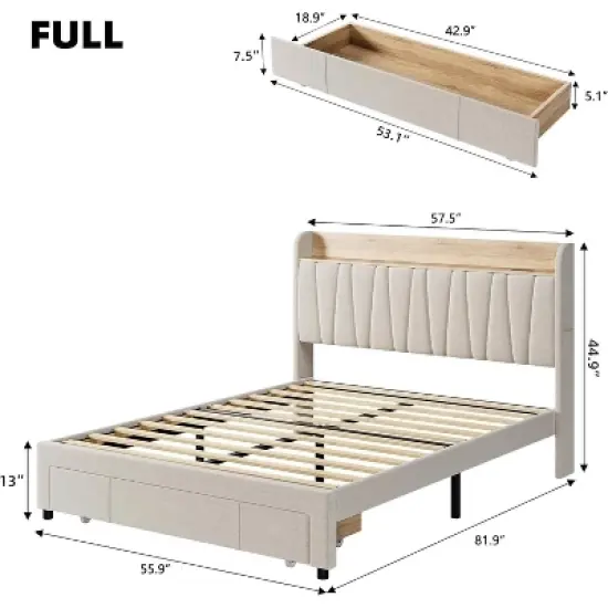 Full/Queen Size Upholstered Bed Frame with Storage Headboard, Drawer, Charging Station, Linen Platform, No Box Spring Needed image {2}