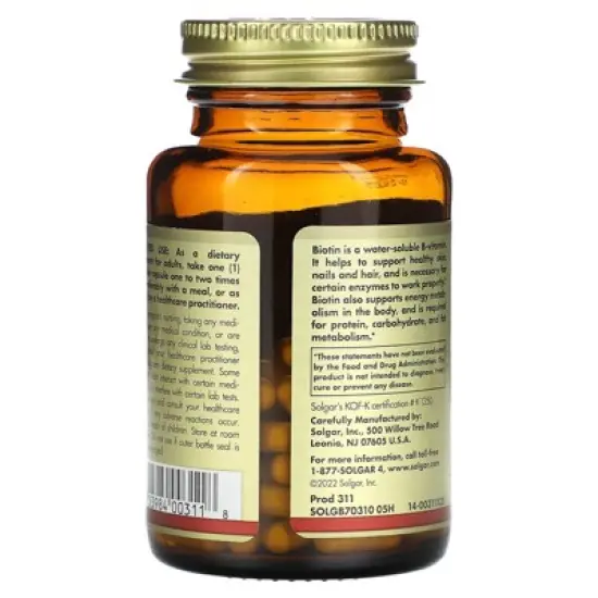Solgar Biotin 1000 mcg - 100 Vegetable Capsules - Supports Healthy Skin, Nails & Hair - Non-GMO, Vegan, Gluten Free, Dairy Free, Kosher, Halal - 100 image {2}