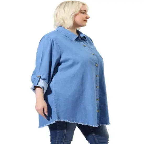 Agnes Orinda Women's Plus Size Lightweight Button Down Denim Long Sleeve Shirt Jacket image {3}