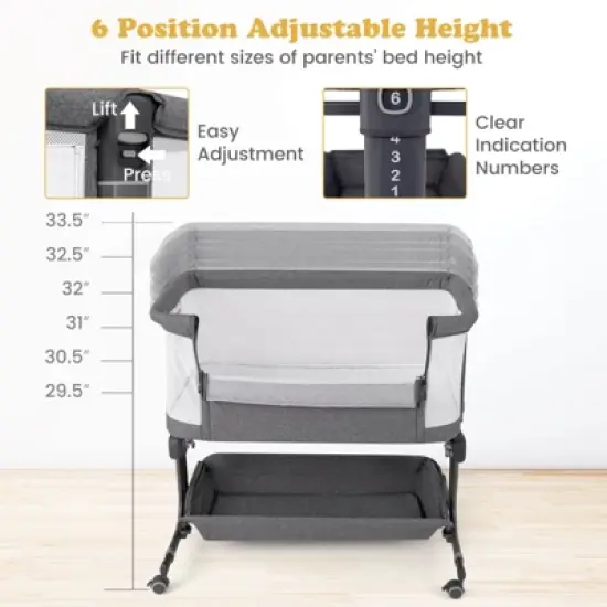 Infans Baby Bassinet Bedside Sleeper, Easy Folding Portable Crib with Wheels, 6 Adjustable Heights, Storage, Mattress & Carry Bag, Gray image {3}