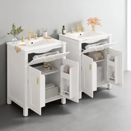 48" Freestanding Double Bathroom Vanity with Dual Ceramic Sinks, Solid Wood Cabinet with 4 Soft-Close Doors, No Faucet image {6}