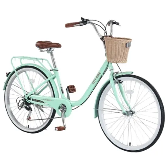 INFURNIC Bicycles 7 Speed City Bike with Basket and Steel Frame for Girls Commuter and Leisure Riding, Green, 66.93"*24.8"*41.34" image {5}