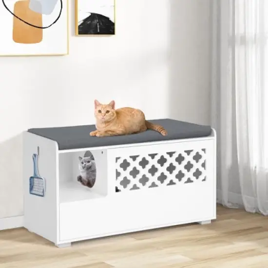Tangkula Cat Litter Box Enclosure w/ Removable Cushion & Flip-Down Opening Modern White image {6}