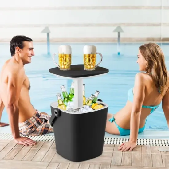 Tangkula Portable Cooler Table with Handle Cooler w/ Lift Top Lid & Bottle Opener 3-in-1 Outdoor Cocktail Drink Table Black/Blue image {1}