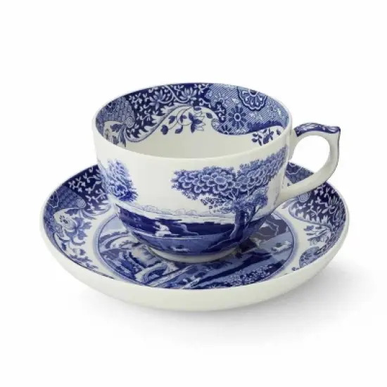 Spode Blue Italian 20oz Jumbo Cup & Saucer Set - Scenic Motif & Decorative Border - Elegant Hot Beverage Mug for Tea, Coffee image {1}
