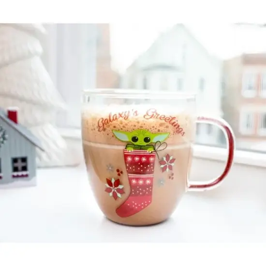 Silver Buffalo Star Wars: The Mandalorian Grogu Holiday Glitter Handle Glass Mug  | 14 Ounces image {7}