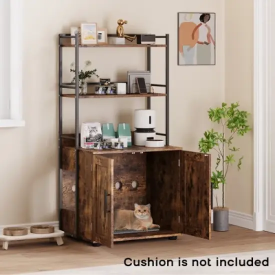 Cat Litter Box Enclosure, 2-in-1 Cat Litter Box Furniture Hidden with 2 Tier Storage Shelves and Doors, Wooden Cat House image {9}