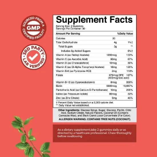 Biotin Gummies, Biotin Vitamins for Hair, Skin & Nails Gummies for Women and Men, Cherry Flavor, Nature's Craft, 60ct image {2}