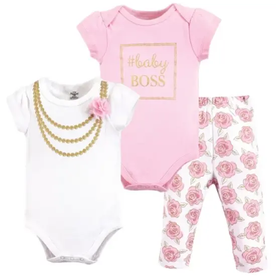 Little Treasure Baby Girl Cotton Bodysuit and Pant Set, Gold Roses image {4}