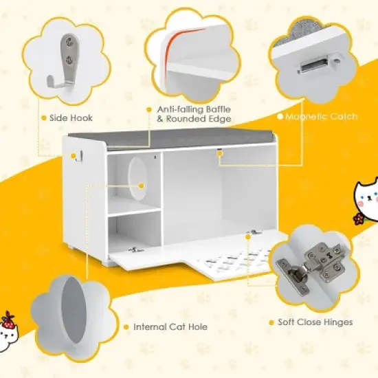 Tangkula Cat Litter Box Enclosure w/ Removable Cushion & Flip-Down Opening Modern White image {2}