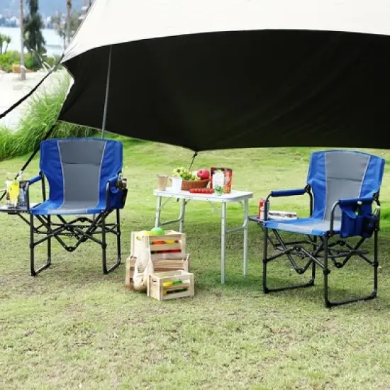 2 PCS Outdoor Portable Folding Camping Chair, Director Chair with Aluminum Side Table & Pocket for Sports, Picnic, Beach, Fishing, Blue image {5}