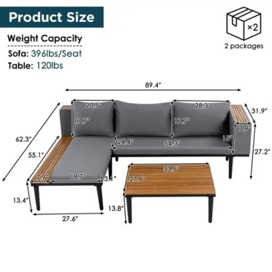 FIONECA Luxury L-Shaped Acacia Wood Patio Sofa Set with Side Table & Coffee Table &uml;C Gray Cushions, Outdoor Conversation Set for Backyard & Porch image {5}