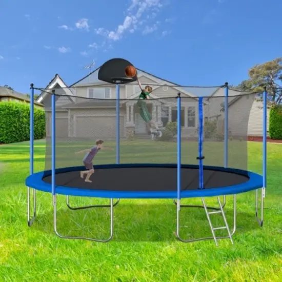 Whisen 12 ft. Trampoline with Basketball Hoop, Outdoor Trampolines w/Ladder and Safety Enclosure Net image {12}