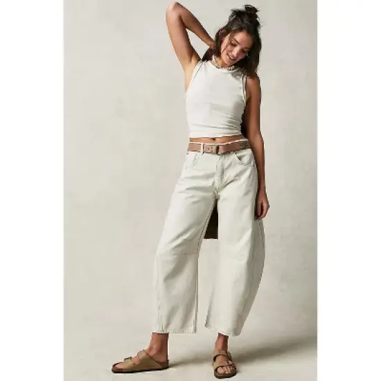 Womens Baggy Jeans for All Season Wide Leg Barrel Jeans Vintage Mid Rise Horseshoe Jeans Casual Loose Fit Jeans Summer Pants,White - L image {3}