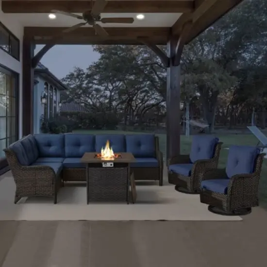 POCASSY 5PCS Outdoor Furniture Set with 30" Propane Fire Pit Table, Outdoor L Shaped Couch Set with All Weather Wicker Sectional Sofa and Swivel Chair image {13}